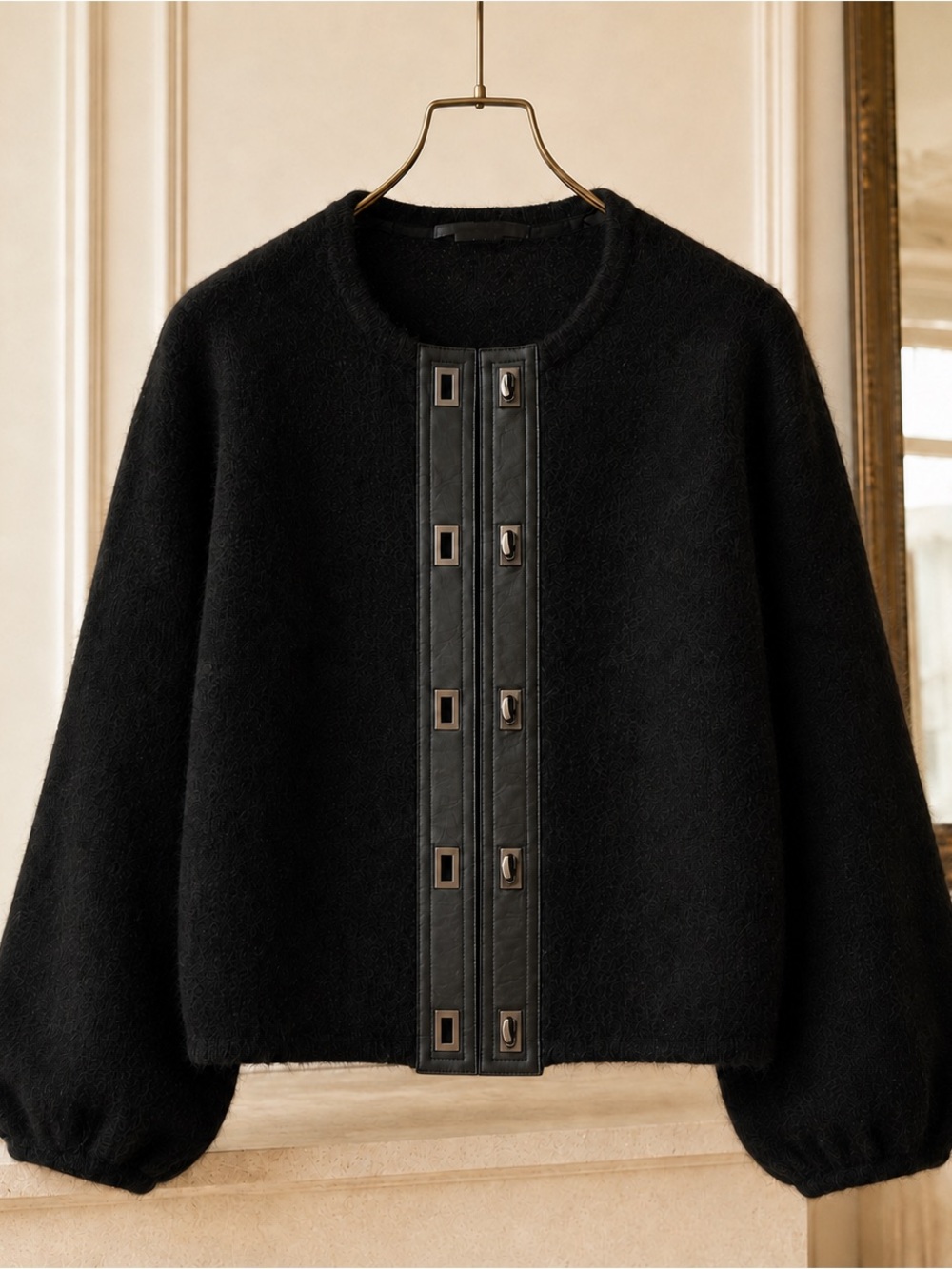 Per Se Black Mohair Wool Cardigan Leather Trim Toggle Sweater XL